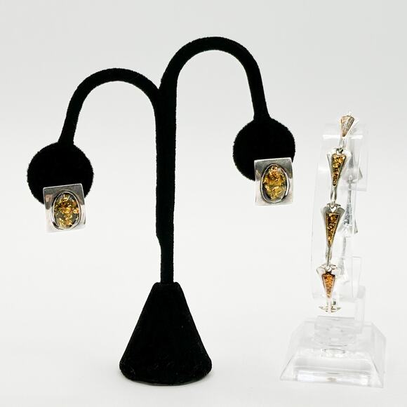 Vintage Baltic Amber Sterling Silver Semi Hoop Post Earrings and Bracelet Set - Picture 9 of 13